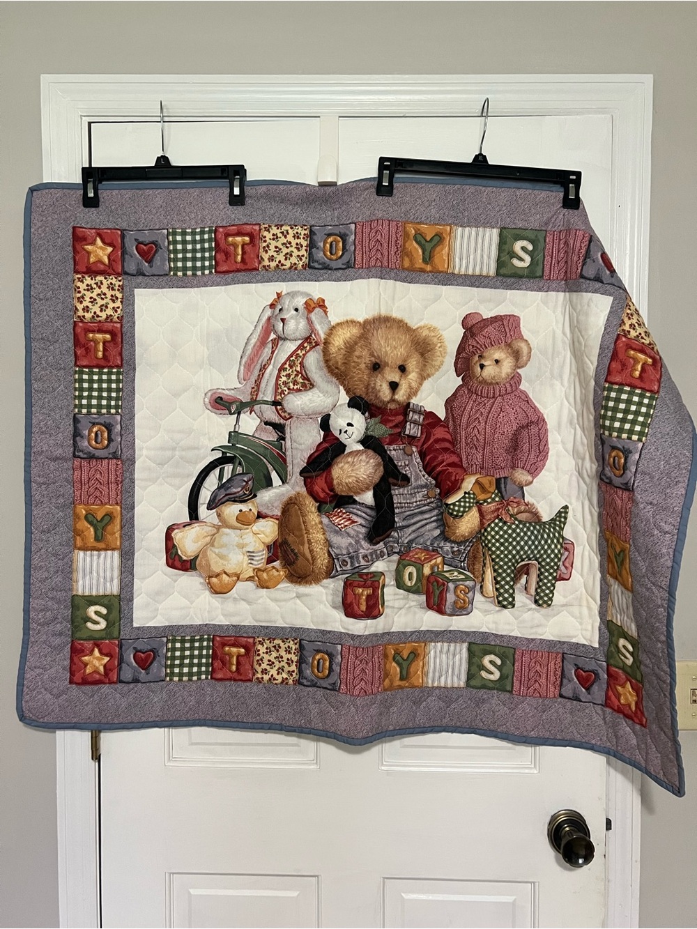Patchwork Toys Quilt Throw in Blue and Cream - Teddy Bear Design